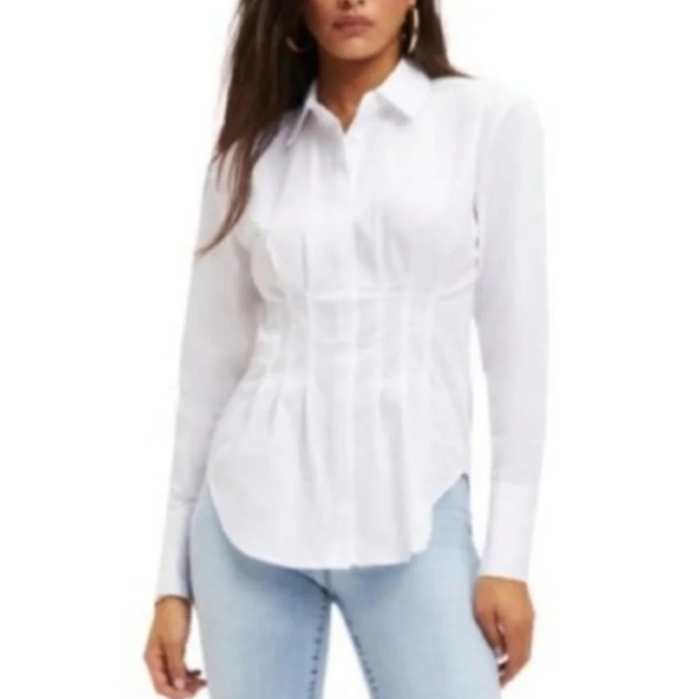 Good American NWT White Button-Up Poplin Dolman Sleeve Pleated Shirt - Picture 10 of 10